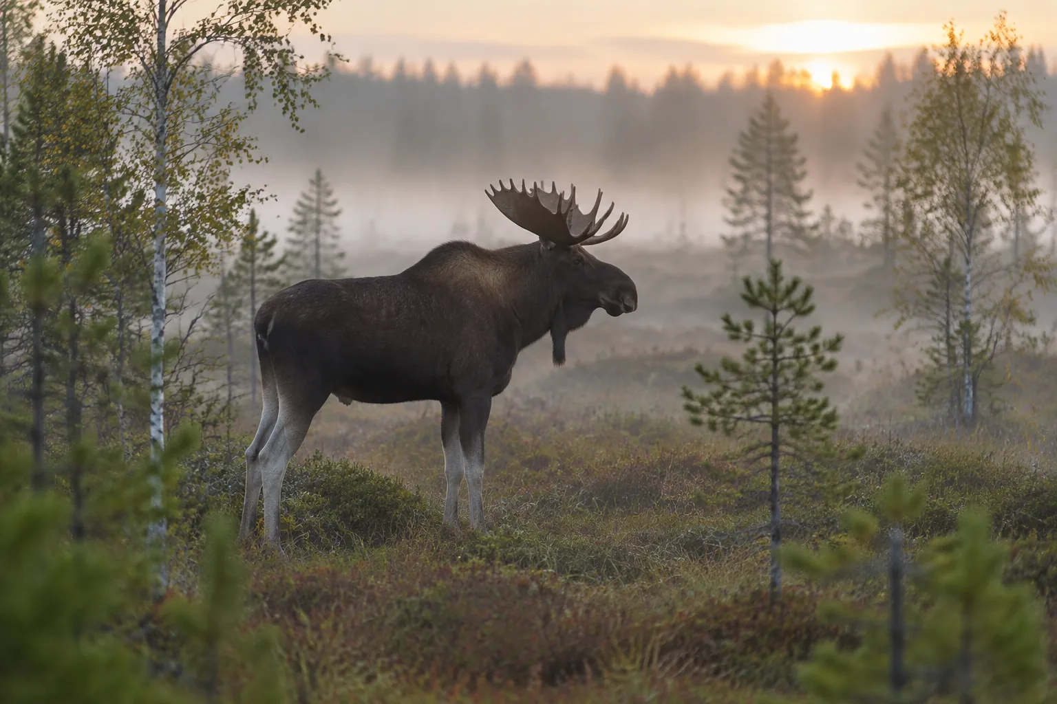 Älgtjur med skovelhorn som står i en dimmig myr i soluppgången