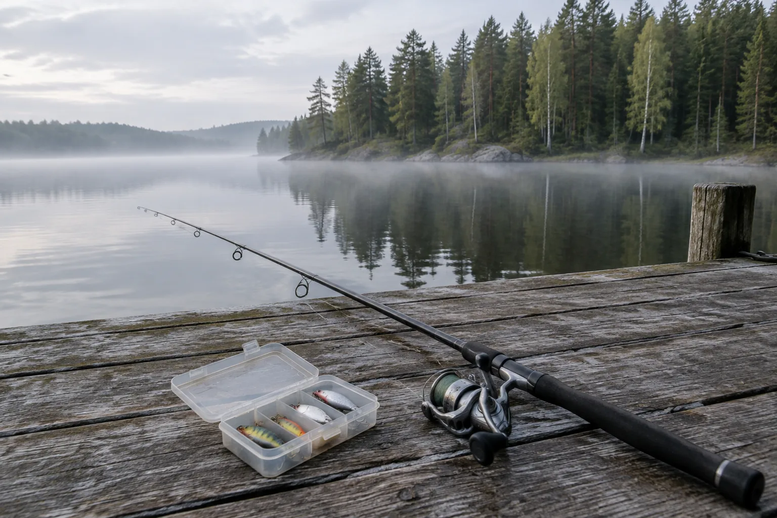 Fiskespö med rulle och en betesask med wobblers på en träbrygga vid en dimmig skogssjö