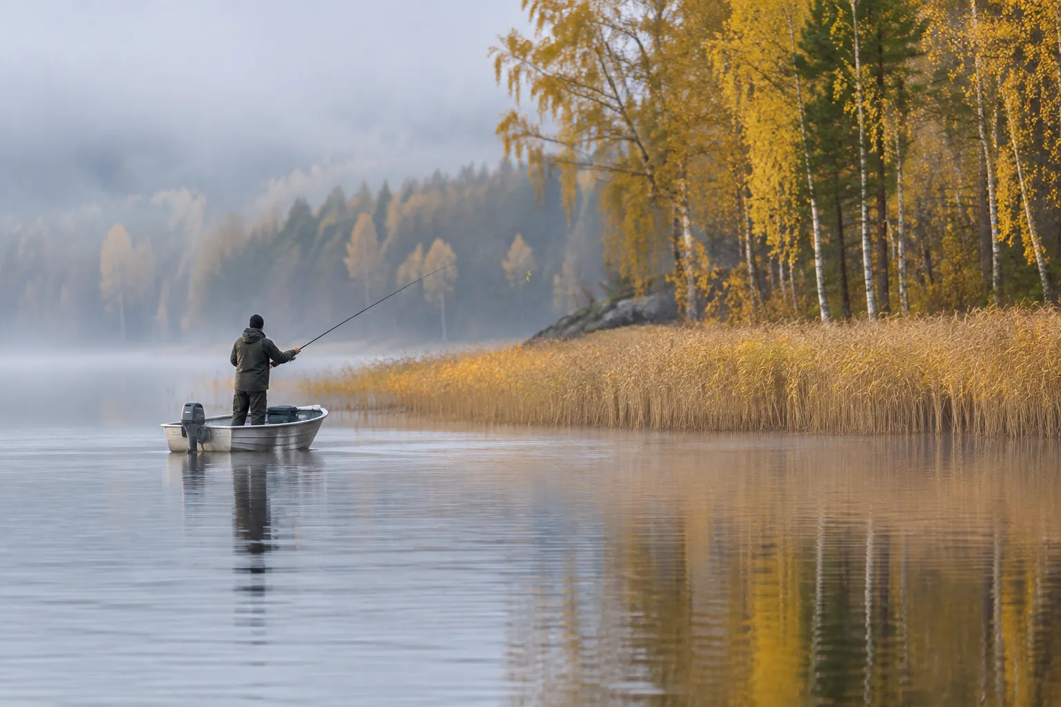 Sportfiskare i en liten båt kastar mot en vasskant i en sjövik en dimmig höstmorgon