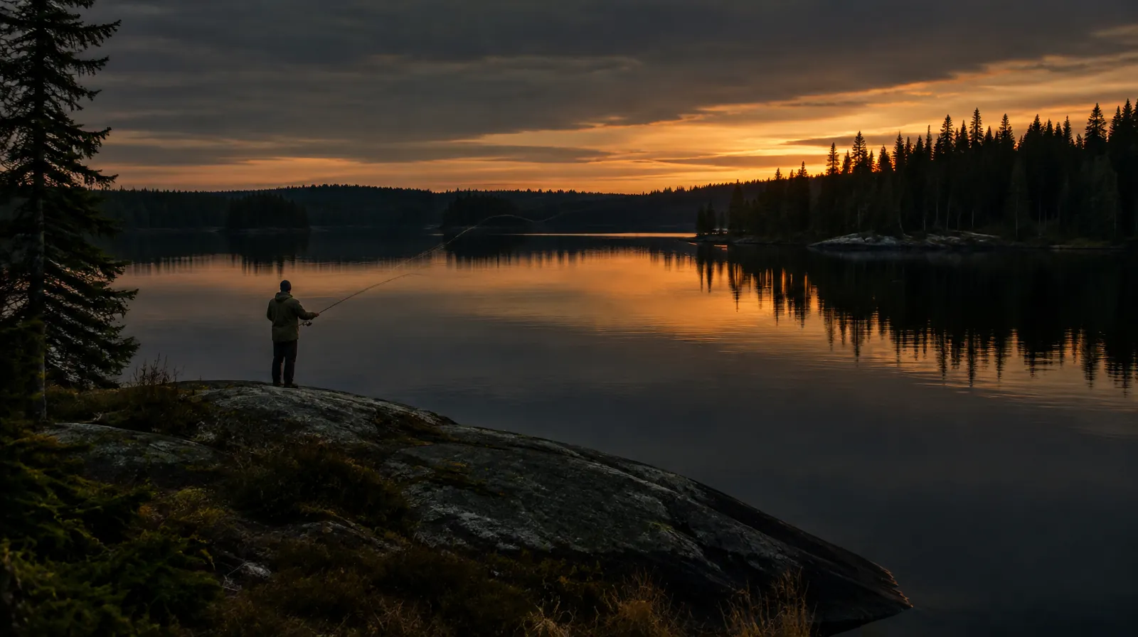 Fiskare kastar med spinnspö från en klipphäll vid en skogssjö i skymningen