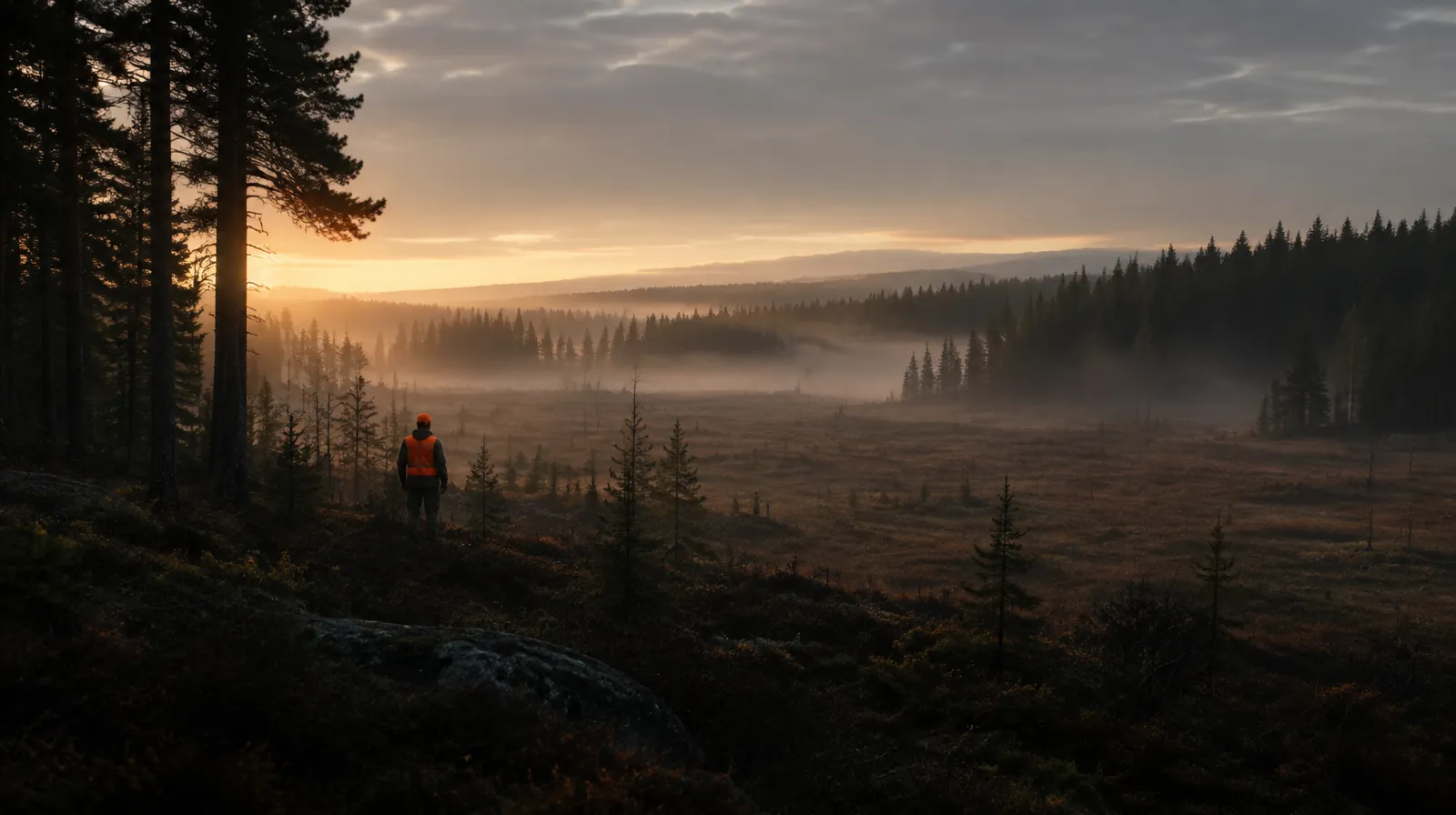 Jägare i orange väst står vid skogskanten och ser ut över en dimmig myr i gryningen
