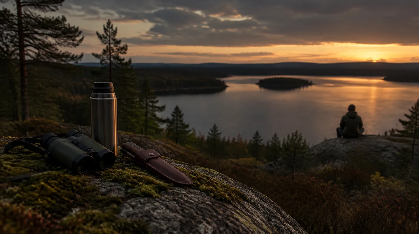 Kikare, termos och kniv i läderslida på en mossig häll vid en sjö i skymningen