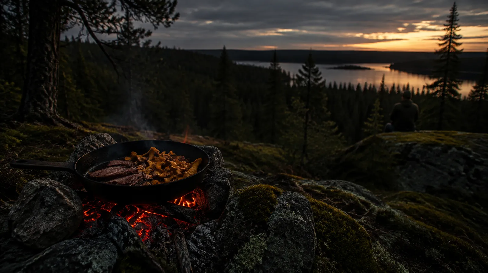 Gjutjärnspanna med viltkött och kantareller över glöden från en lägereld